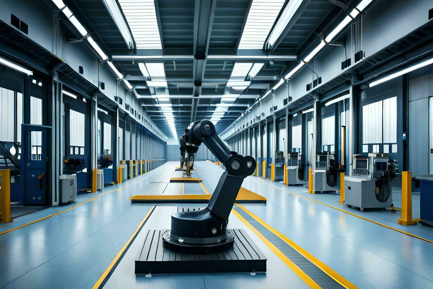 industrial robot in a factory with blue lights. AI-Generated photo