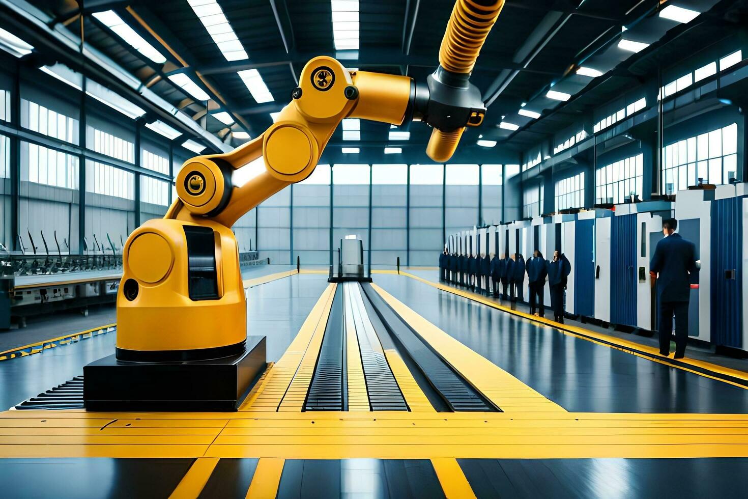 a robotic arm in a factory with people standing around. AI-Generated photo