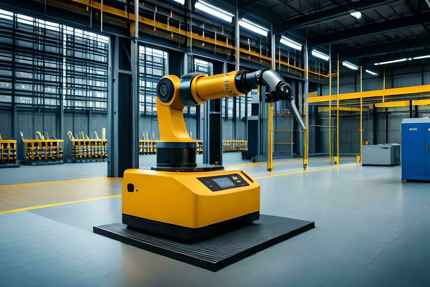 a robotic arm in a warehouse with a large room. AI-Generated photo