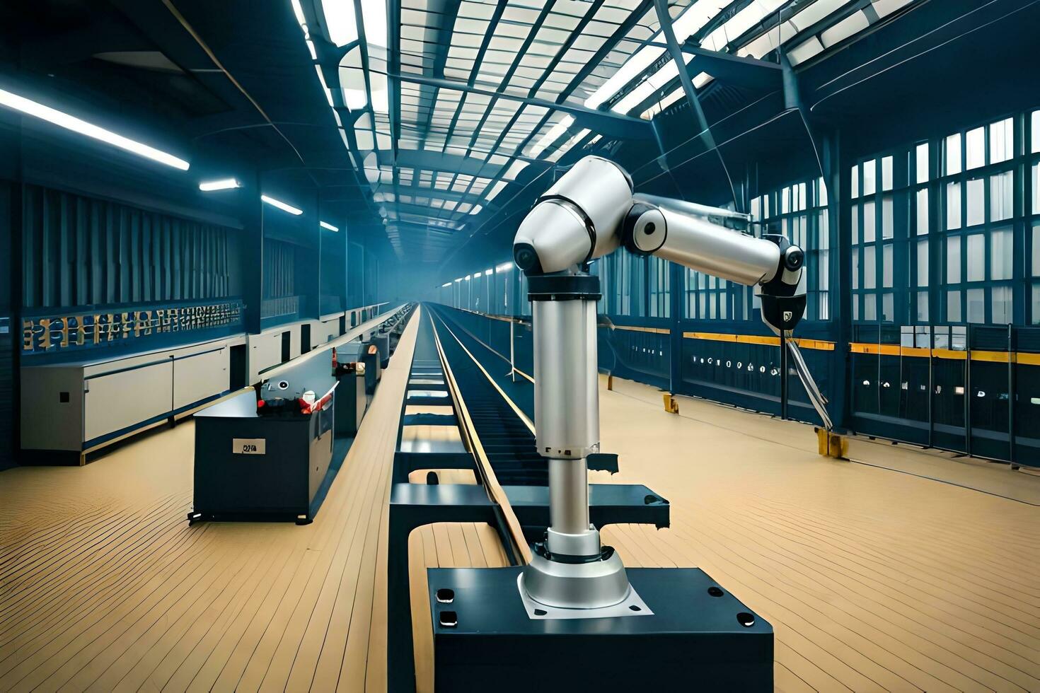 a robotic arm is sitting in a factory. AI-Generated photo