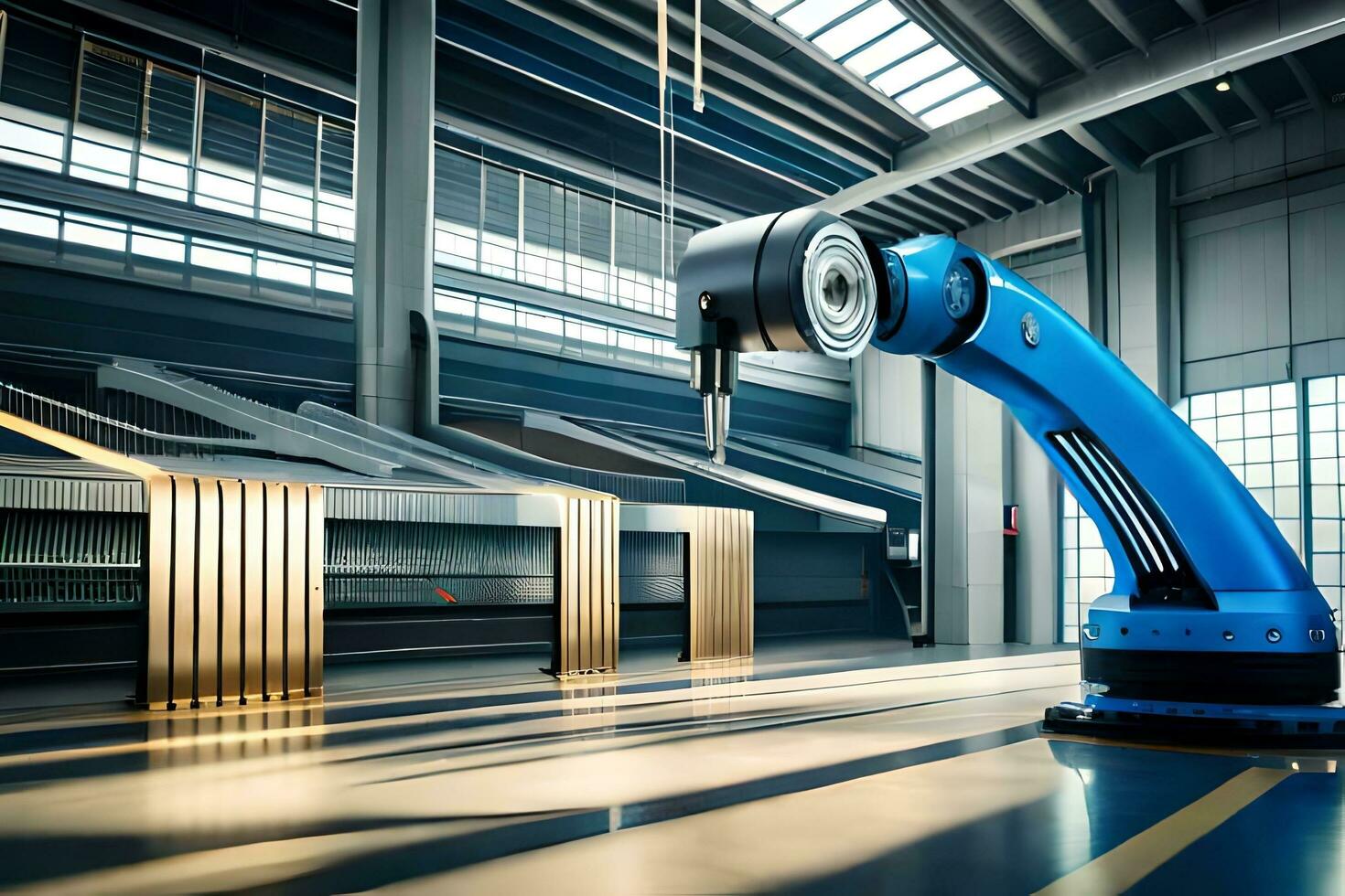 a robotic arm is standing in front of a large warehouse. AI-Generated photo
