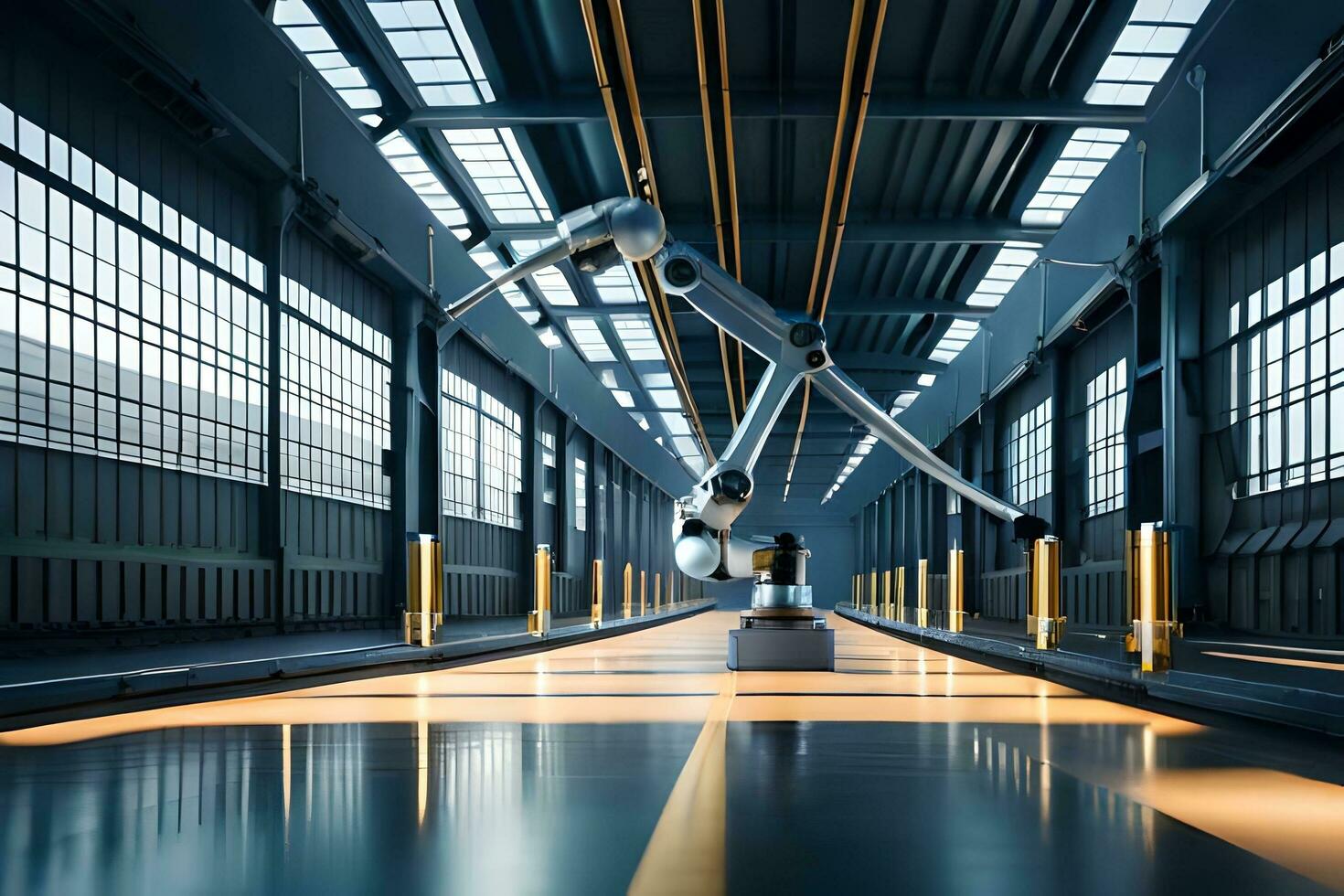 industrial robot in a warehouse with a long hallway. AI-Generated photo