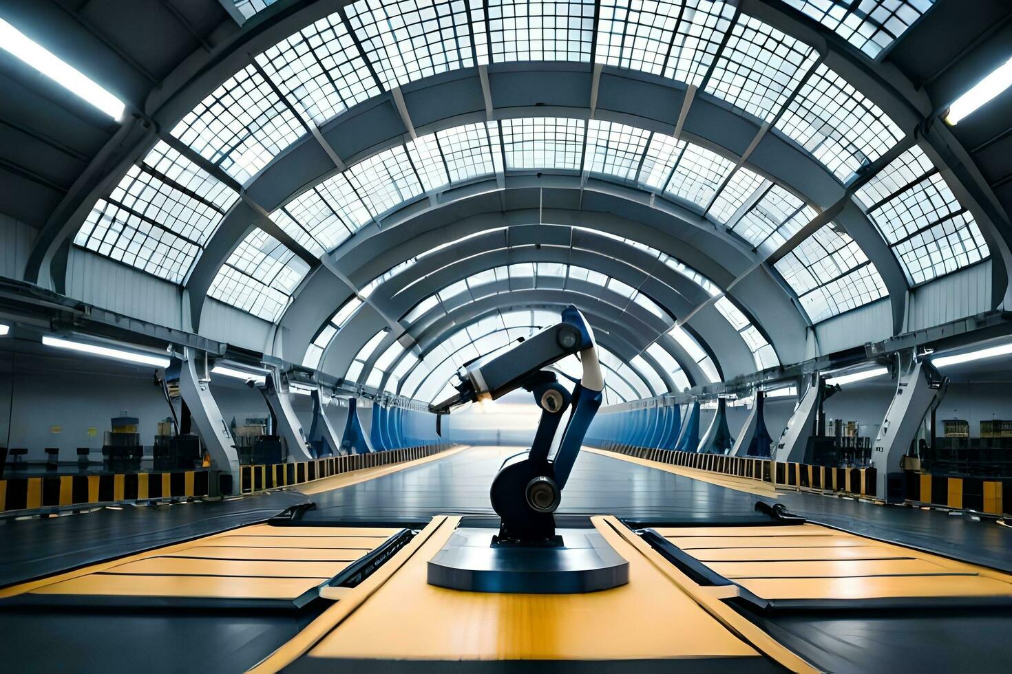 a robot is sitting in a large warehouse. AI-Generated photo