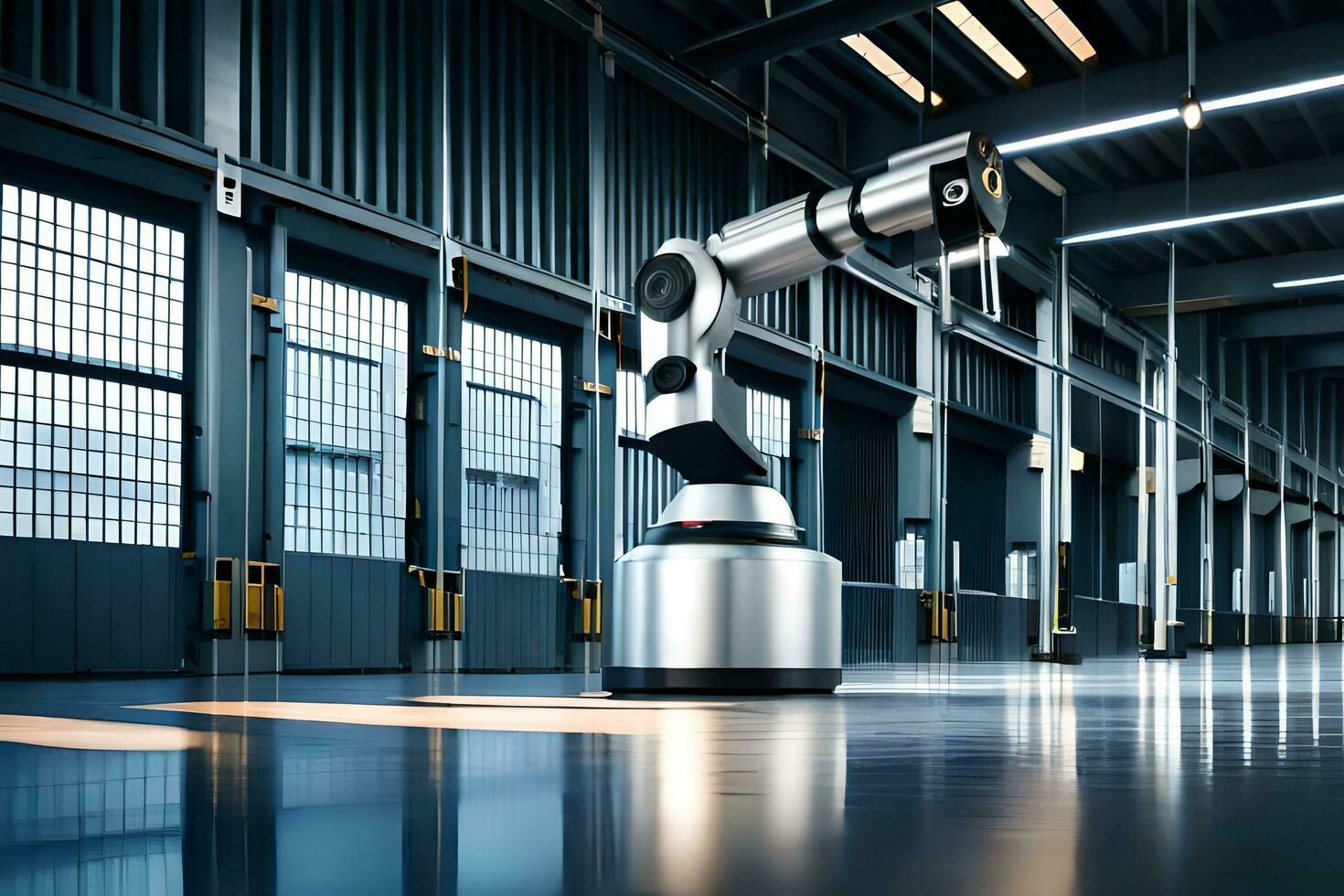 a robotic arm is standing in a large warehouse. AI-Generated photo