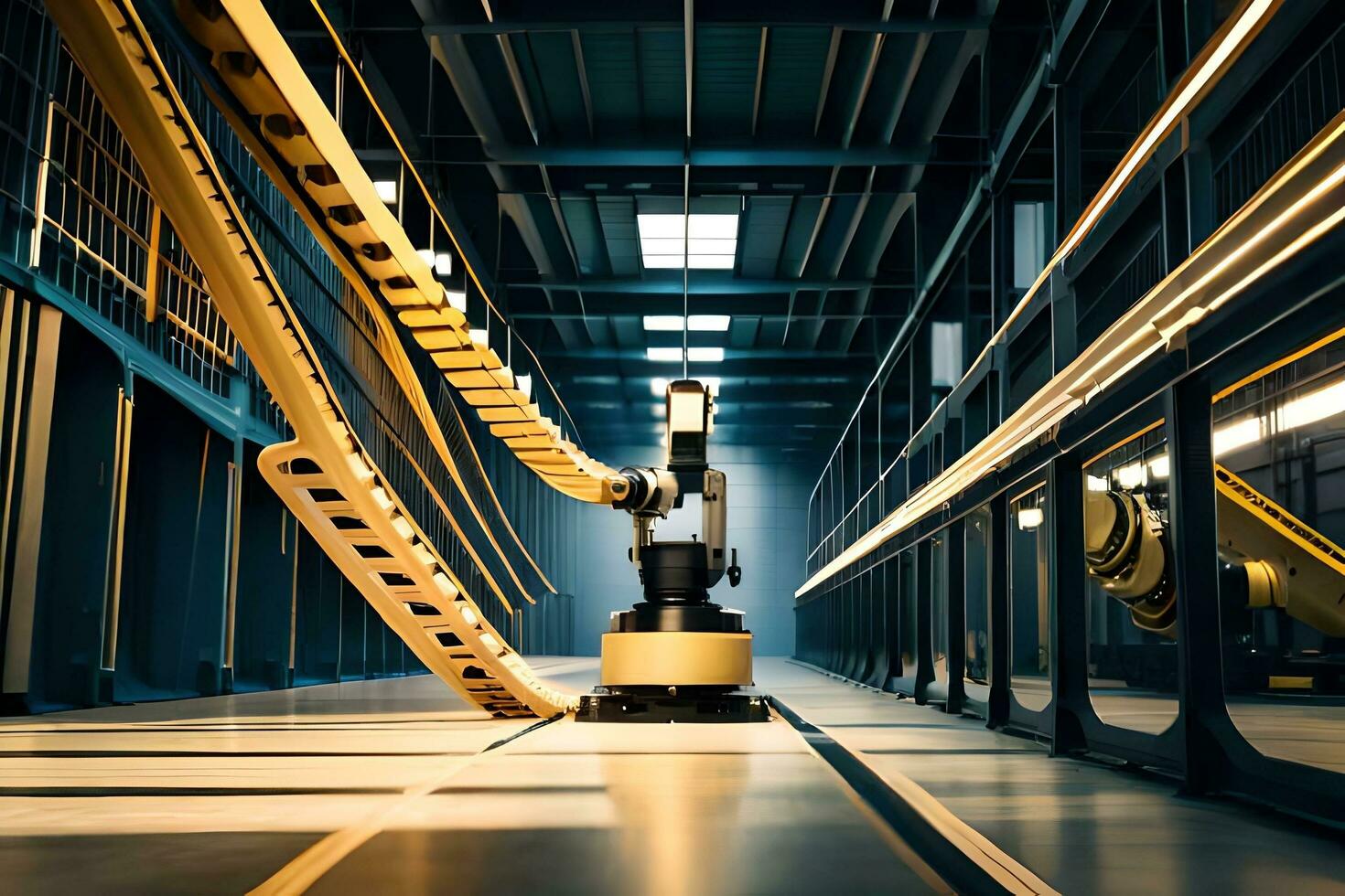 a robot is walking down a long hallway. AI-Generated photo