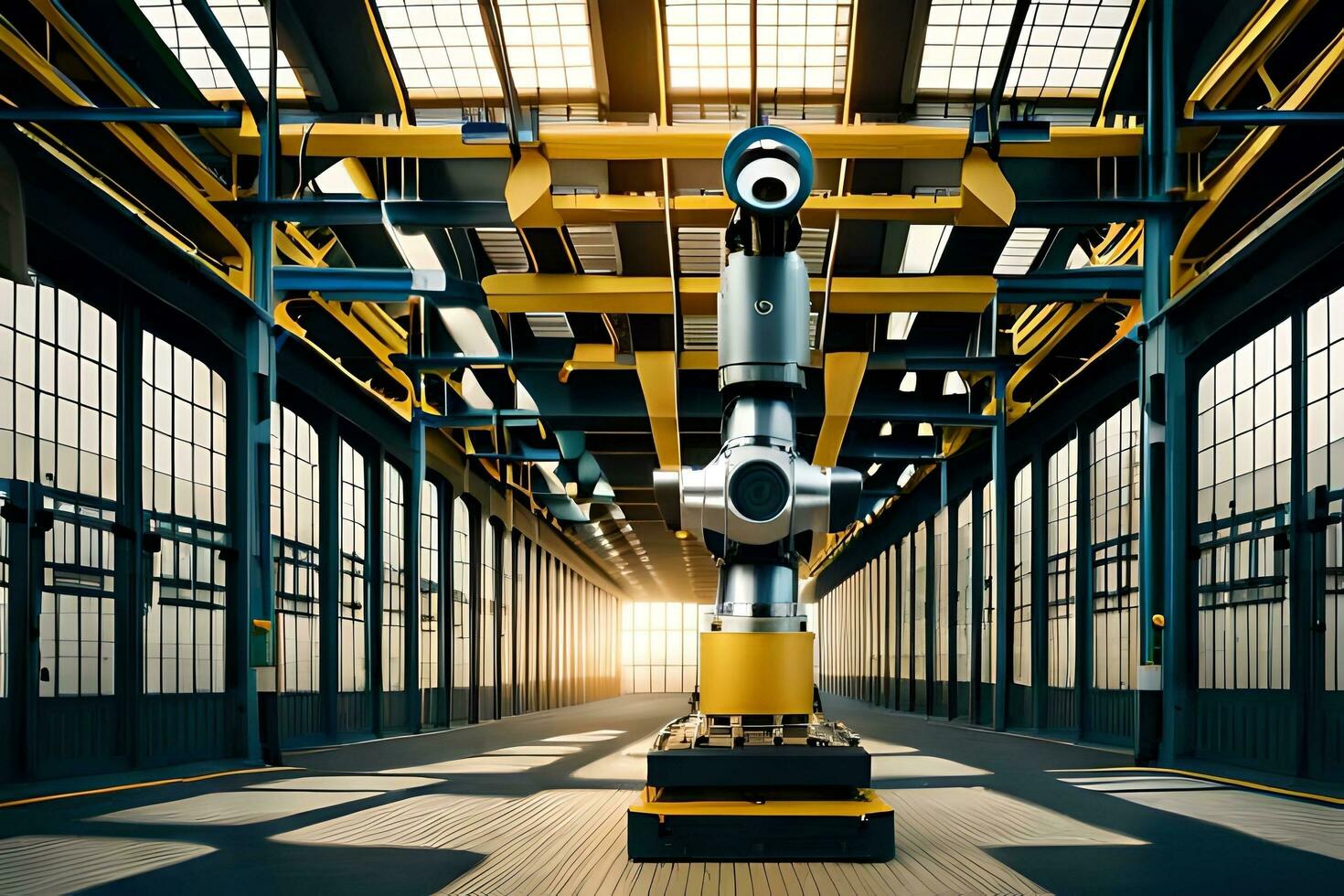 industrial robot in a factory with a sun shining through the windows. AI-Generated photo