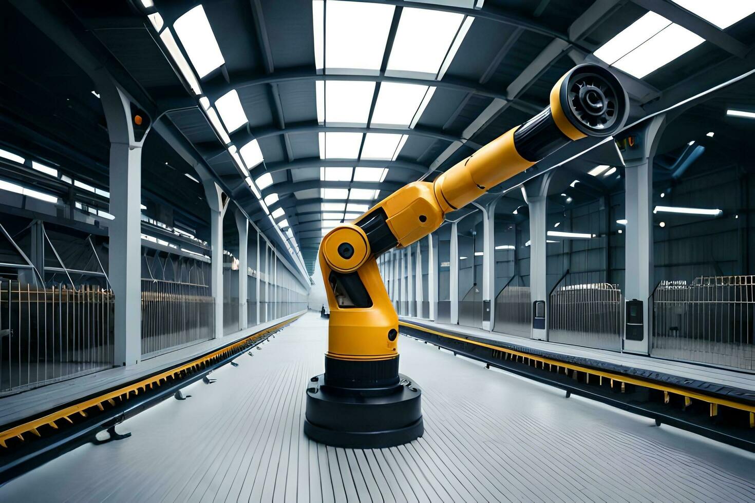 a robotic arm is standing in a warehouse. AI-Generated photo