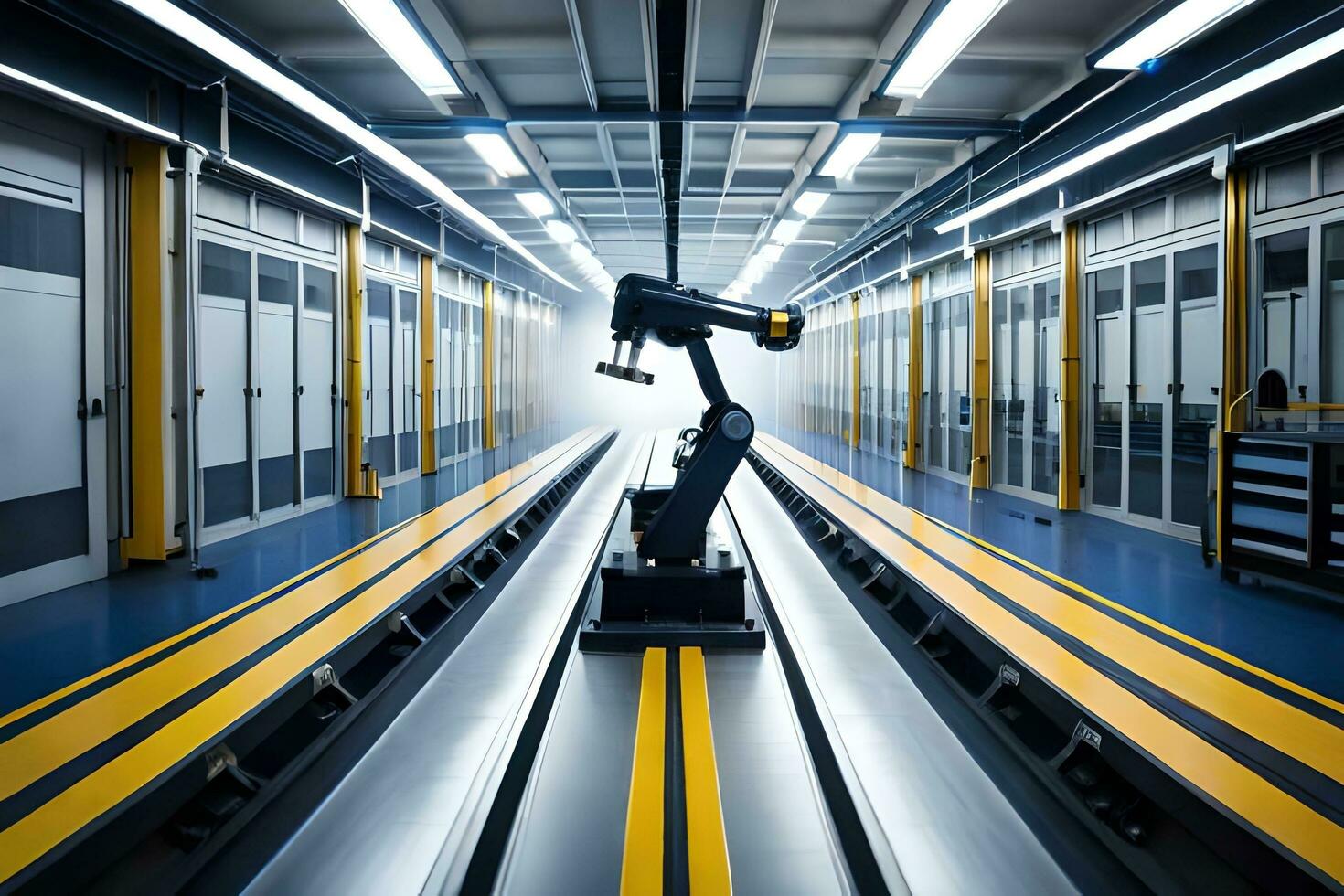a robot is standing on a conveyor belt in a factory. AI-Generated photo