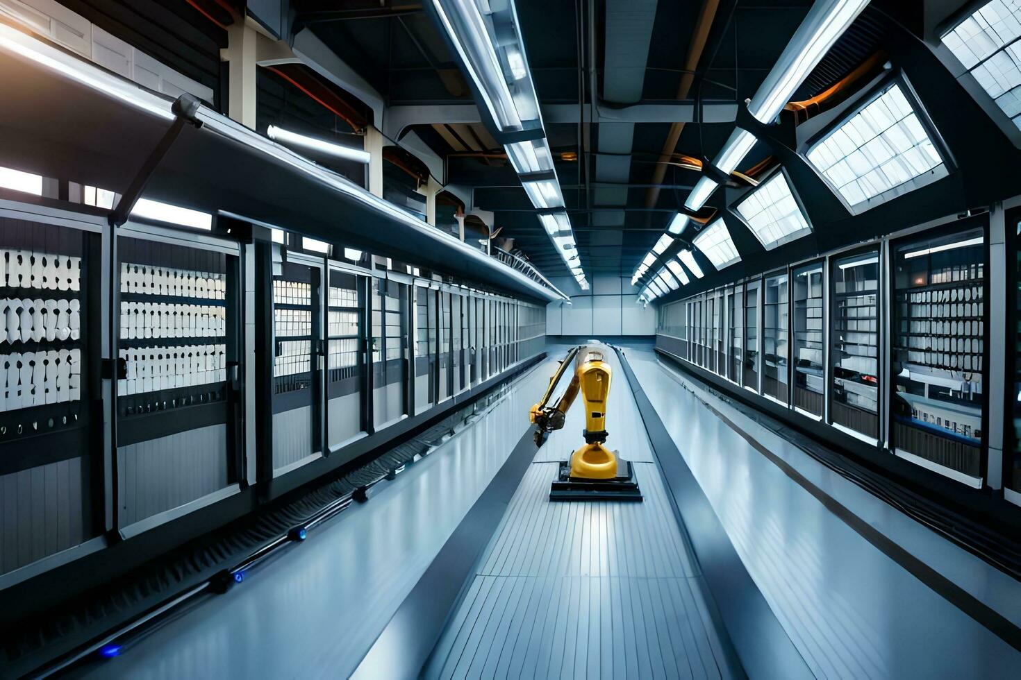 a robot is walking through a large room with many computers. AI-Generated photo