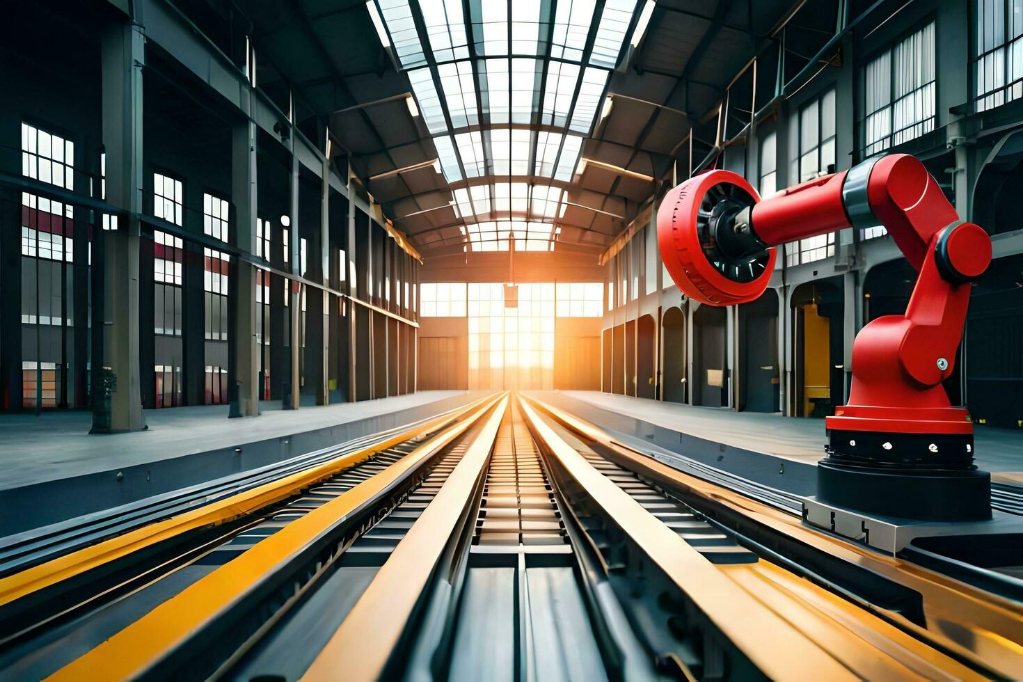 a red robot is standing on a train track. AI-Generated photo