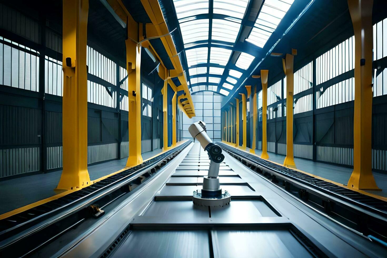 a robot is walking down a conveyor belt in a warehouse. AI-Generated photo