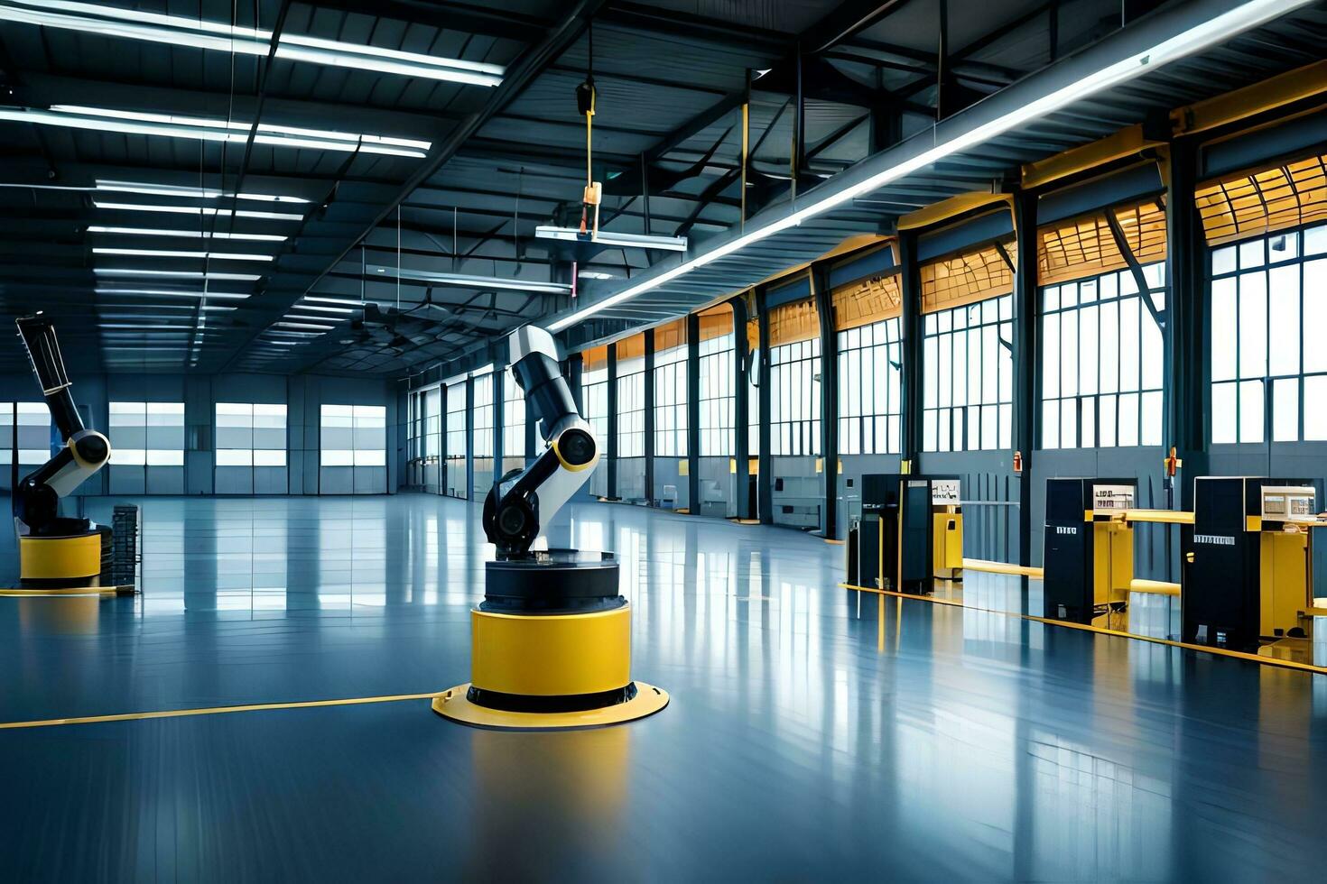 robots in a warehouse with yellow and black flooring. AI-Generated photo