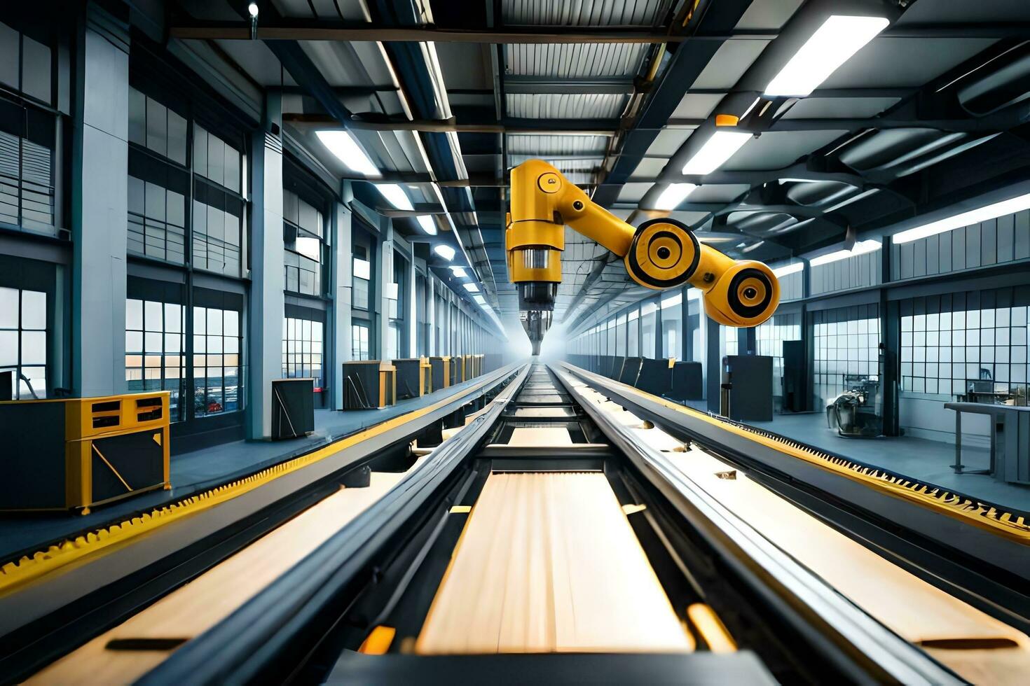 a robotic arm is moving along a conveyor belt in a factory. AI-Generated photo