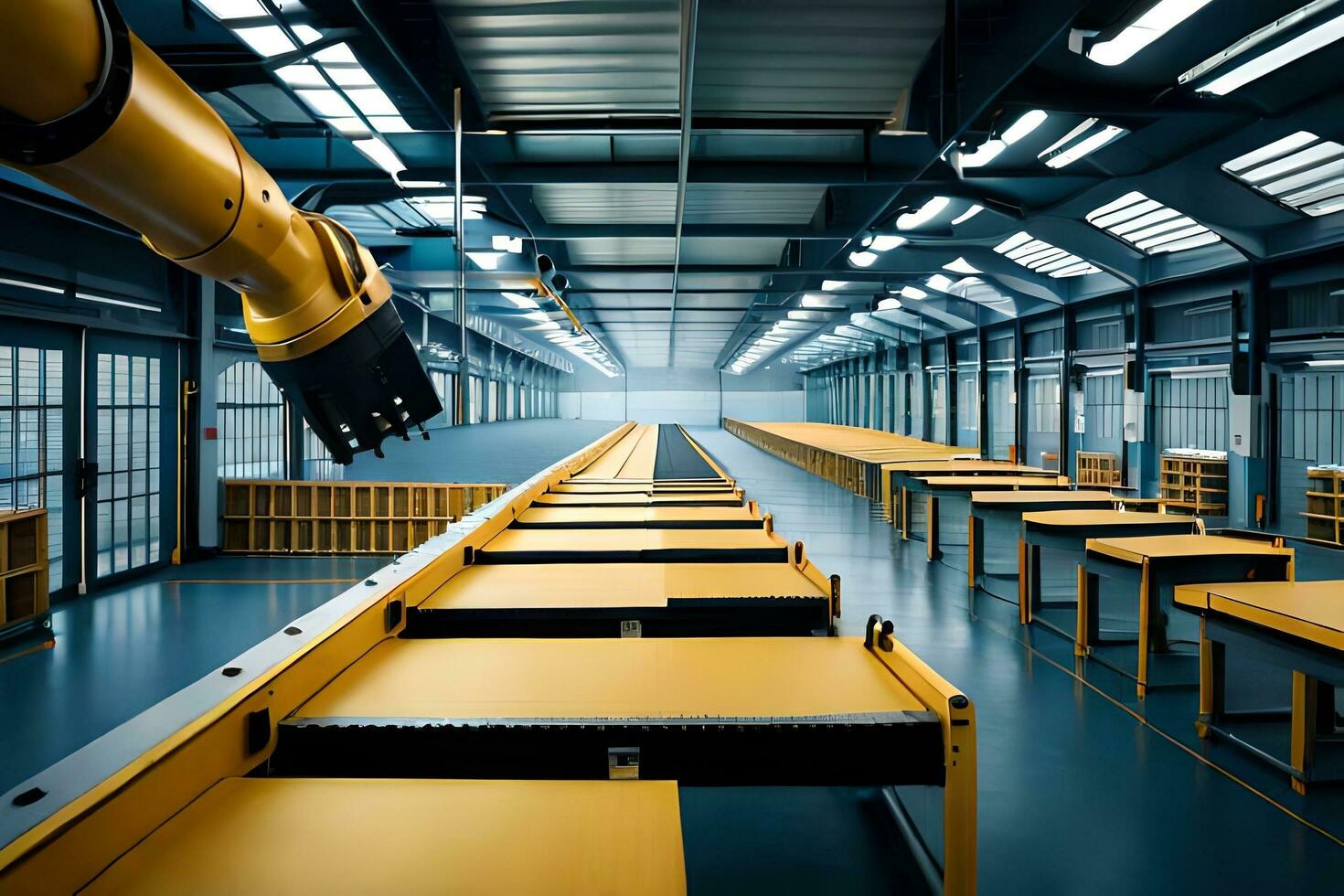 a robot is standing in the middle of a factory. AI-Generated photo