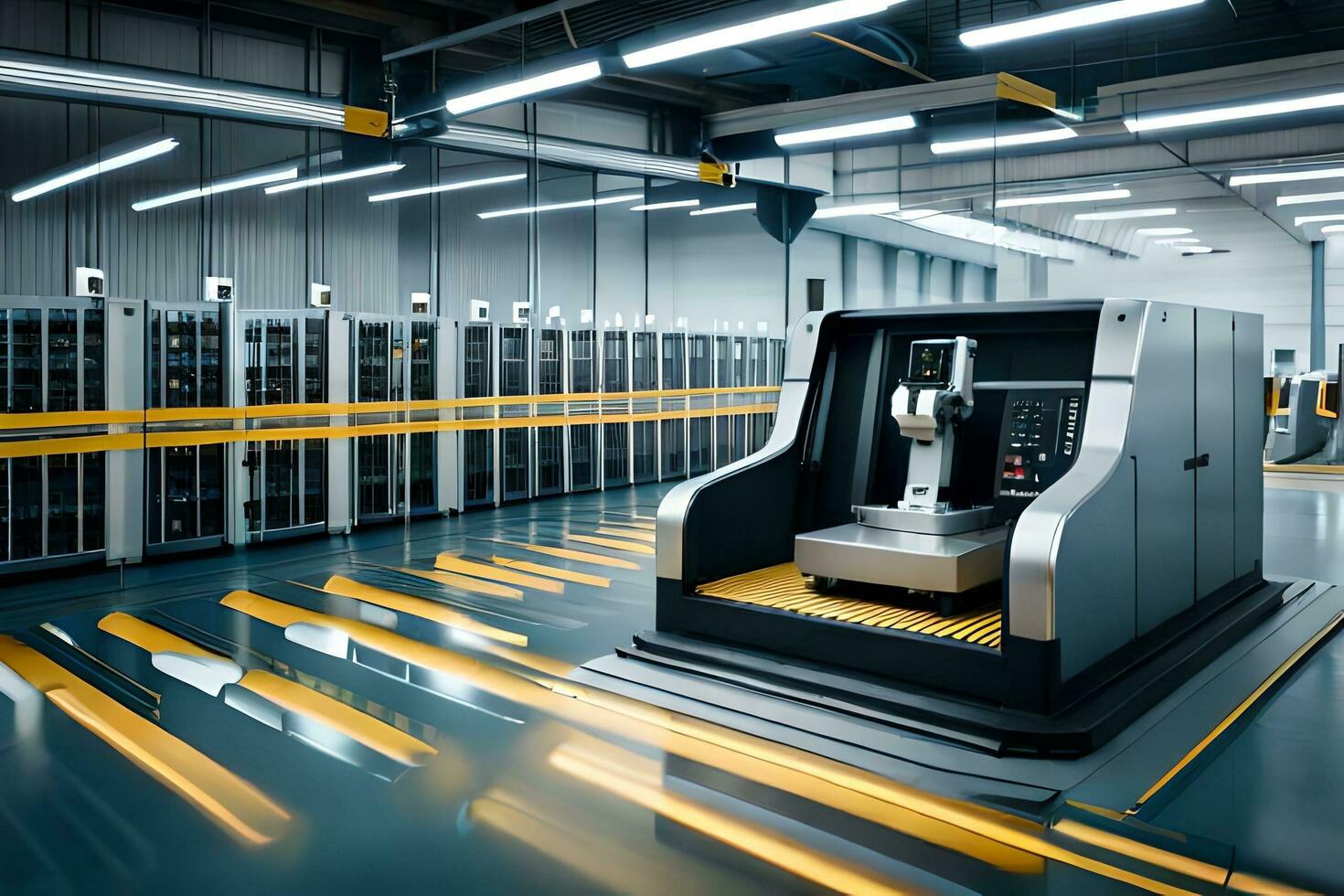 a machine in a large warehouse with yellow lights. AI-Generated photo