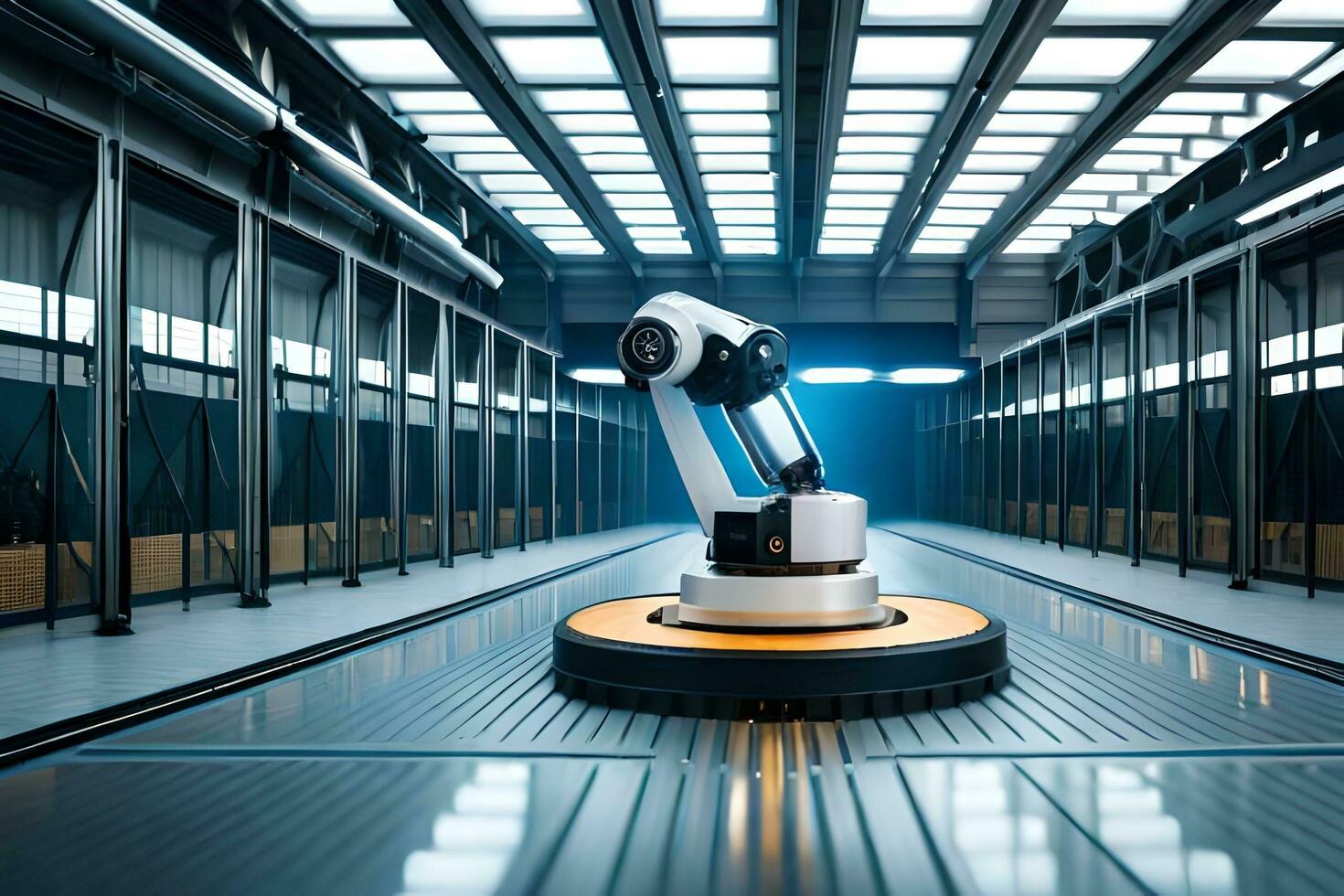 a robot is sitting on a conveyor belt in a warehouse. AI-Generated photo