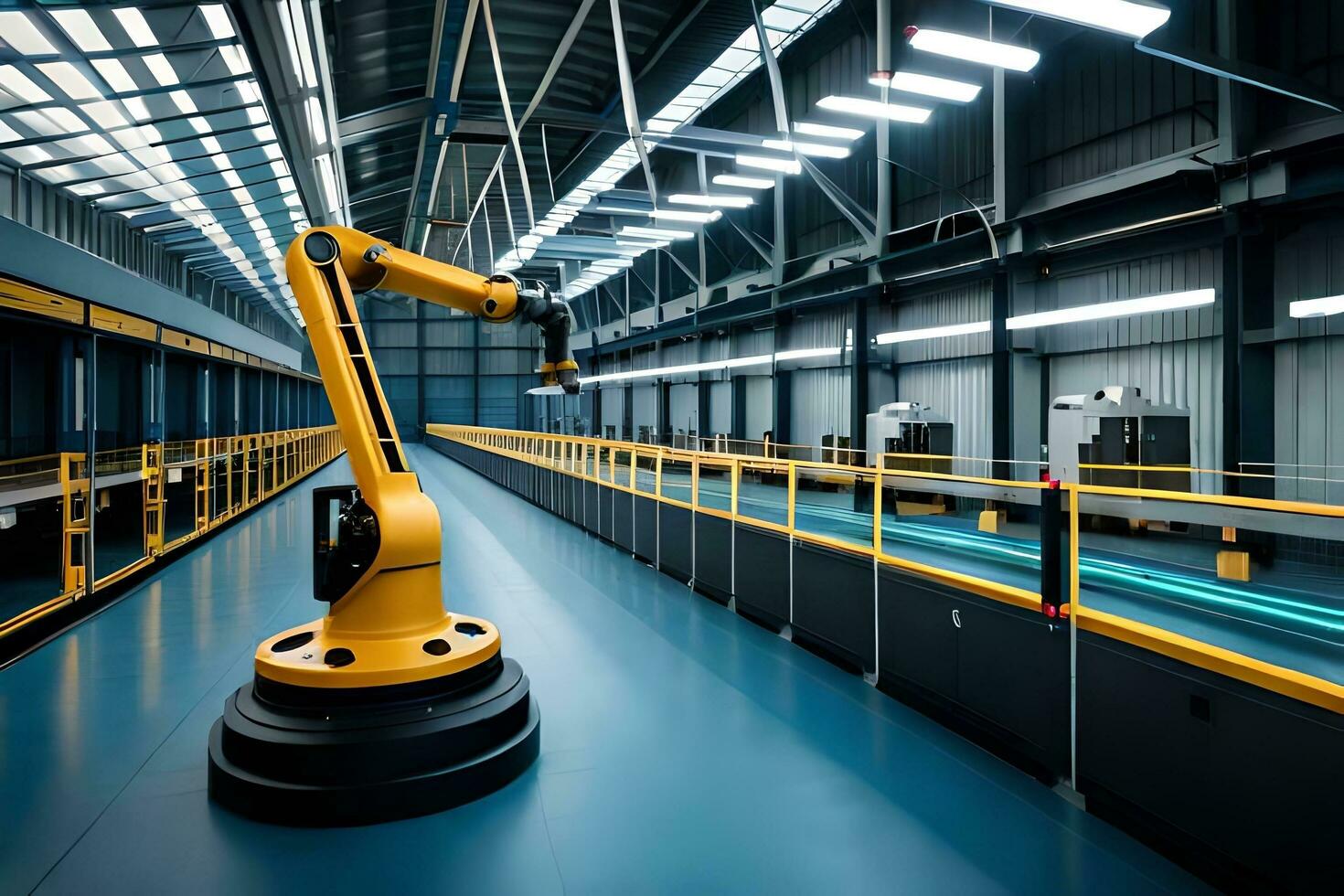 a robotic arm is in a factory with blue and yellow floors. AI-Generated photo
