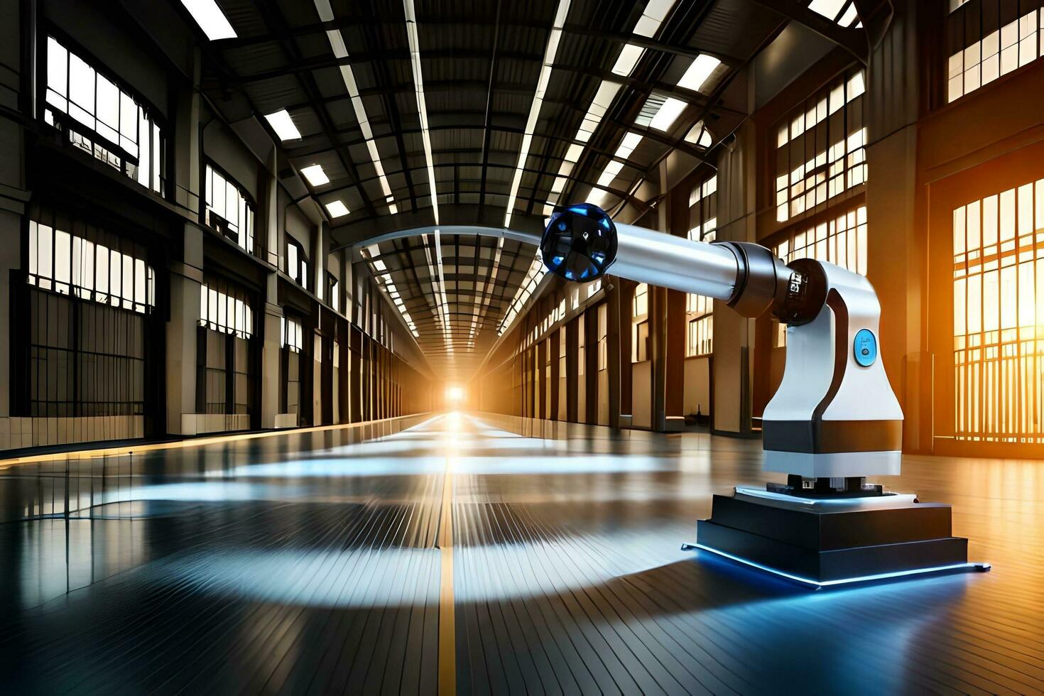 a robot is standing in a large warehouse. AI-Generated photo