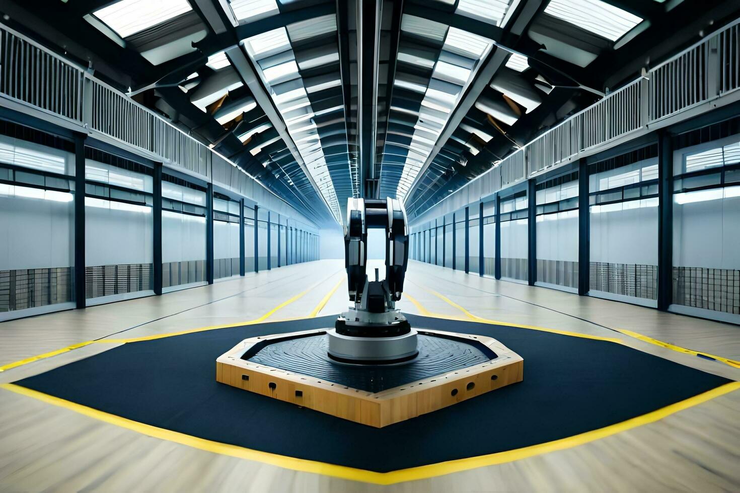 a robot is sitting in a large room. AI-Generated photo