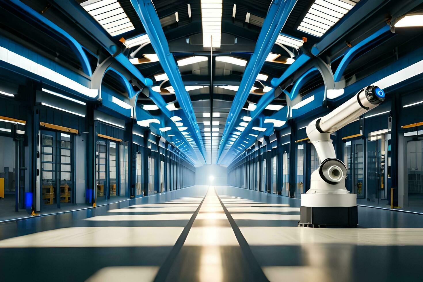 a robot is standing in a warehouse with a light shining through the ceiling. AI-Generated photo