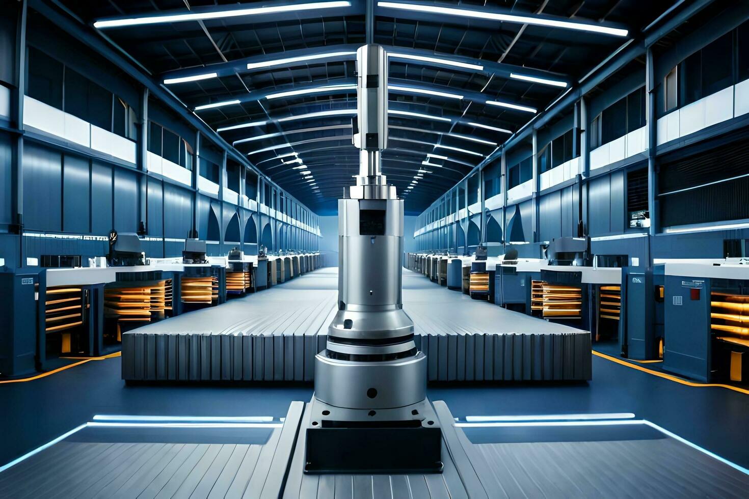 a large robot is sitting in a large warehouse. AI-Generated photo