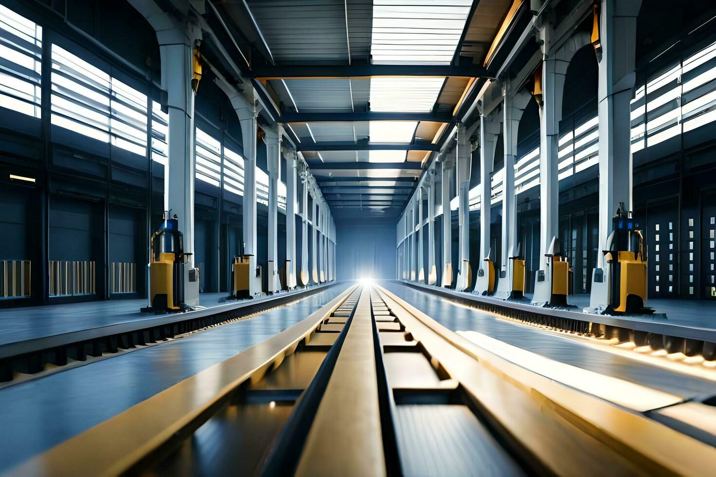 a long train track in a warehouse. AI-Generated photo