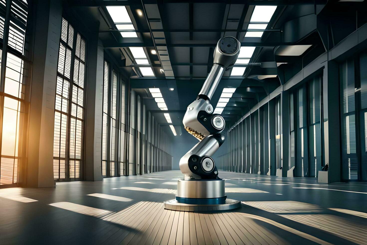 a robot standing in a large room with sunlight coming in. AI-Generated photo