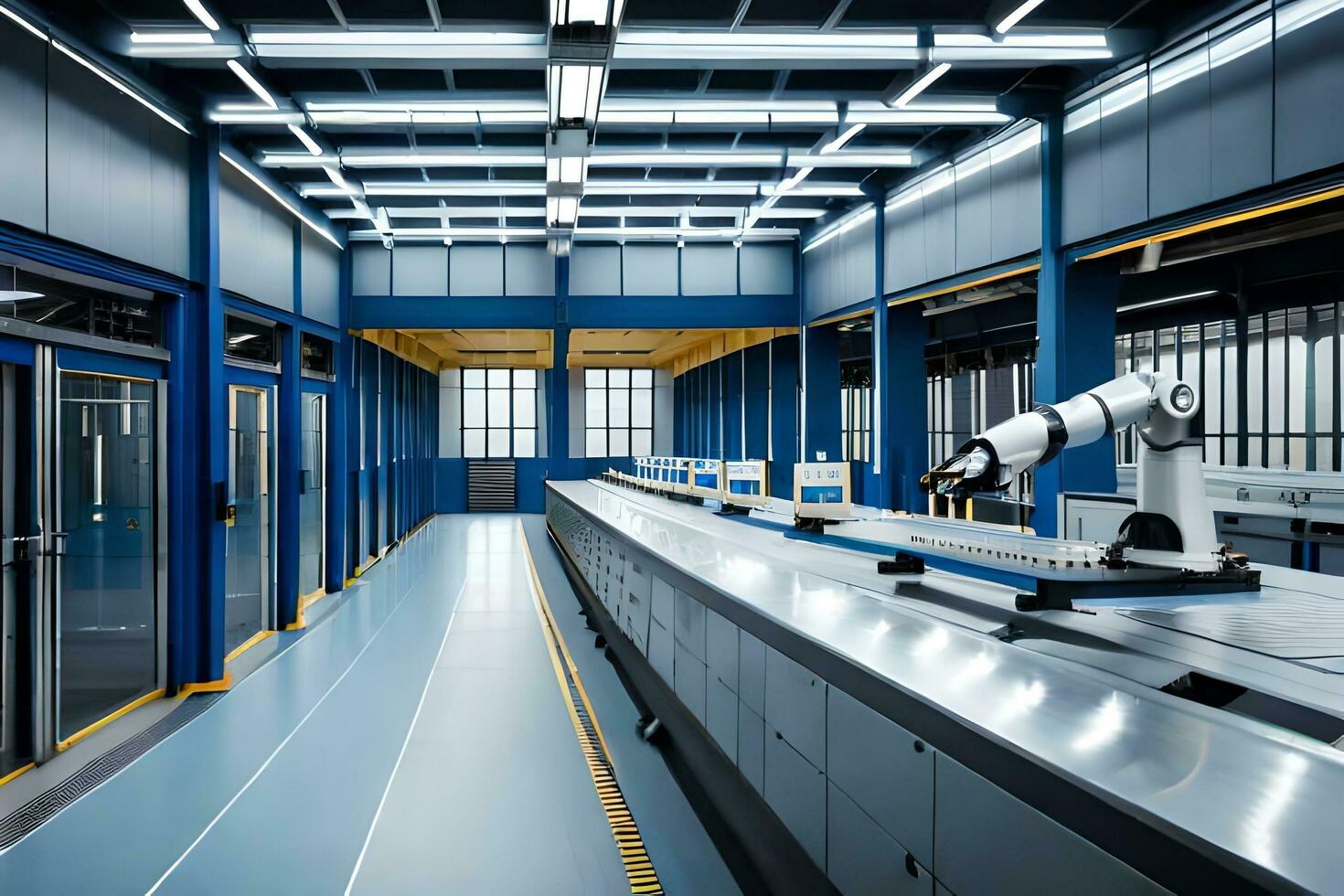 a long metal table with a robotic arm on it. AI-Generated photo