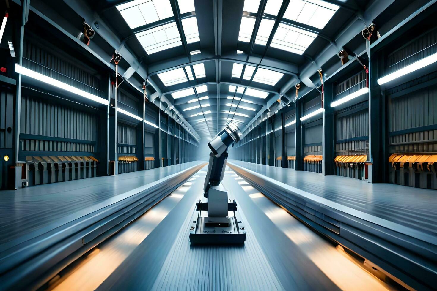 a robot is walking down a long conveyor belt. AI-Generated photo