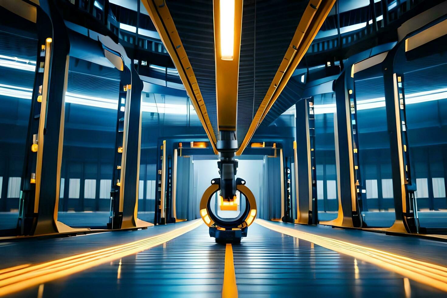 a long hallway with a robot in the middle. AI-Generated photo