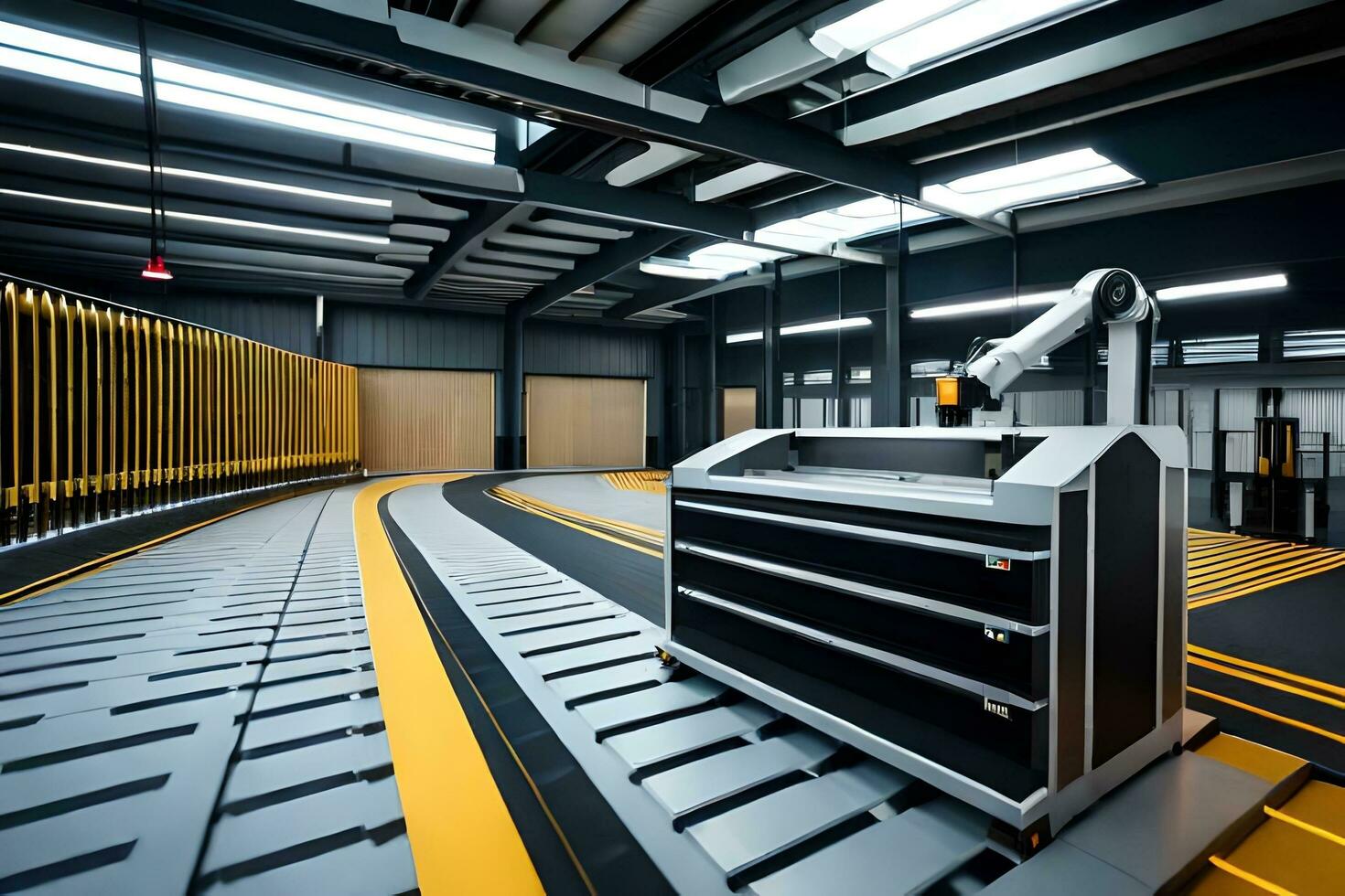 a large warehouse with a robotic arm and a conveyor belt. AI-Generated photo