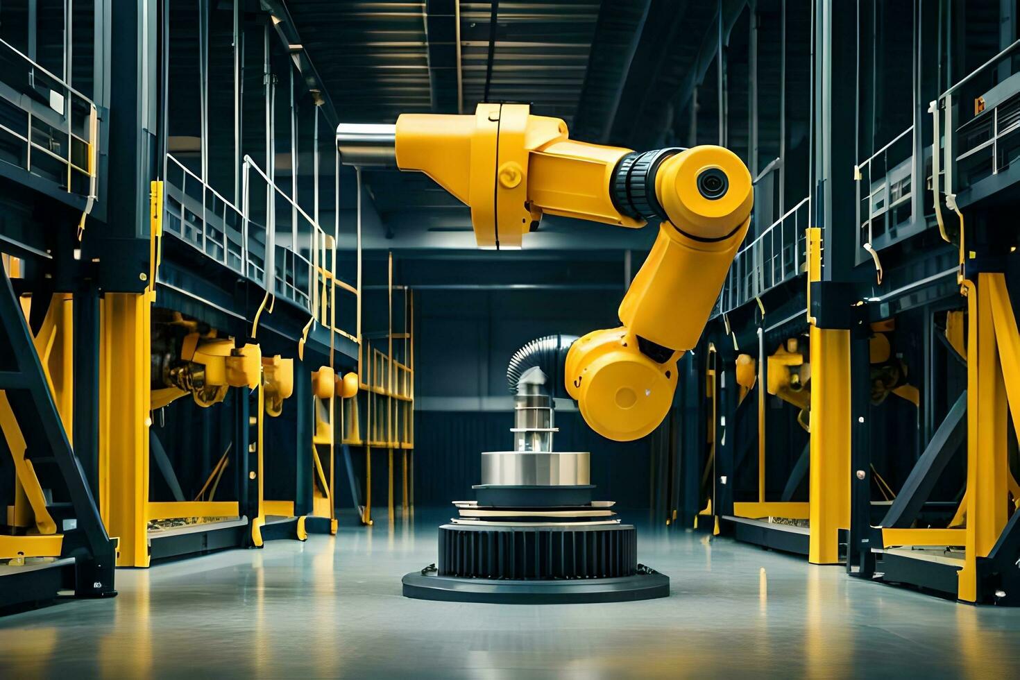 a robotic arm in a warehouse with yellow poles. AI-Generated photo