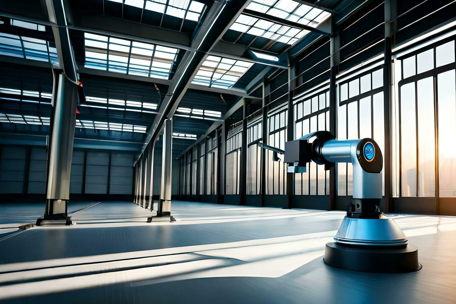 a robot is standing in a large warehouse. AI-Generated photo