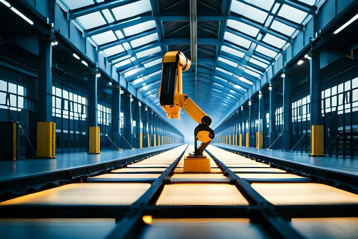 a robot is standing in a warehouse with a yellow light. AI-Generated photo