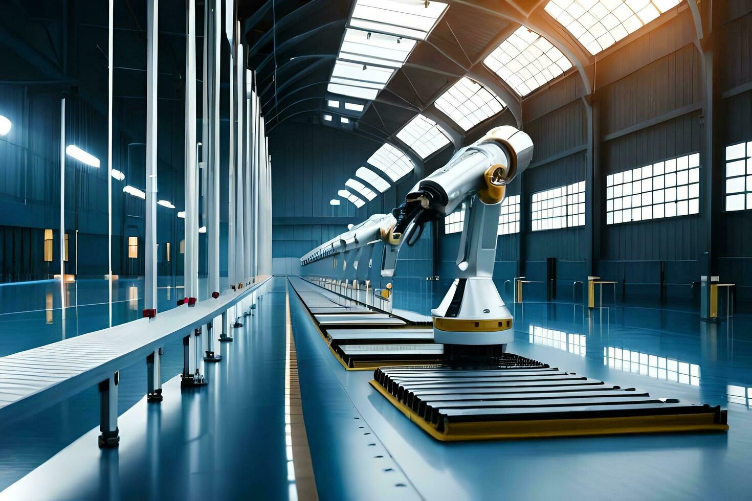industrial robots in a factory with a large warehouse. AI-Generated photo