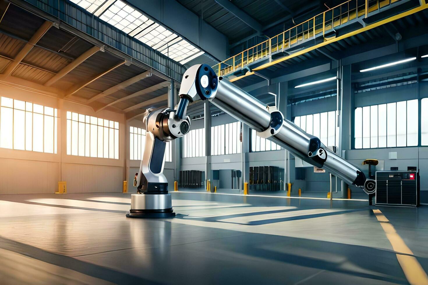 a large industrial robot is standing in a large warehouse. AI-Generated photo