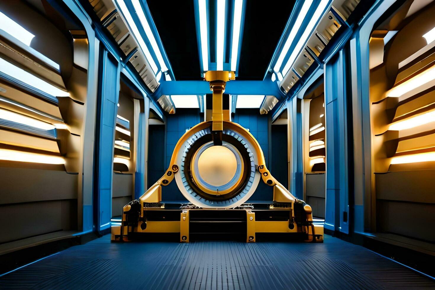 a large machine in a room with blue walls. AI-Generated photo