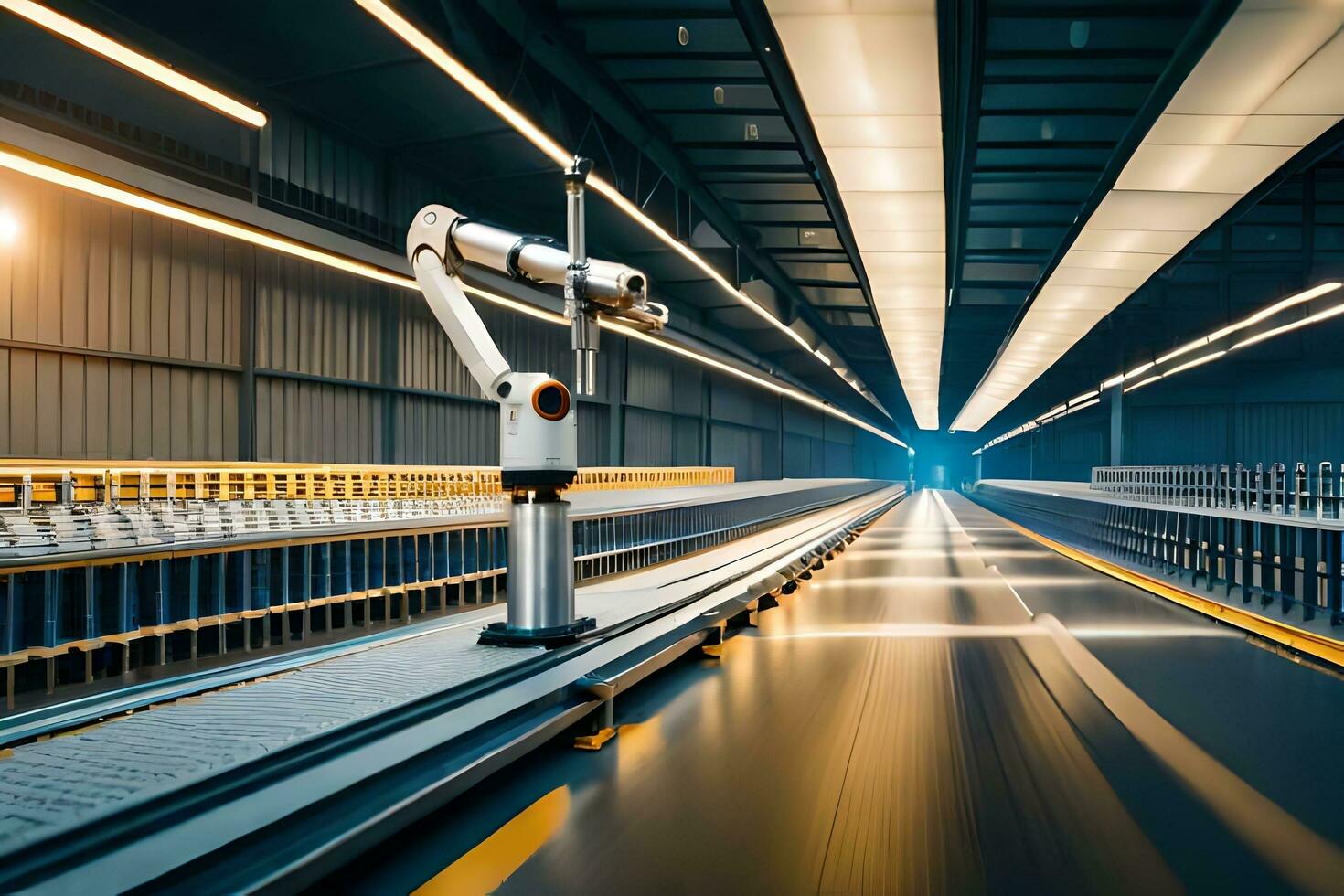 a robot is moving along a conveyor belt in a factory. AI-Generated photo