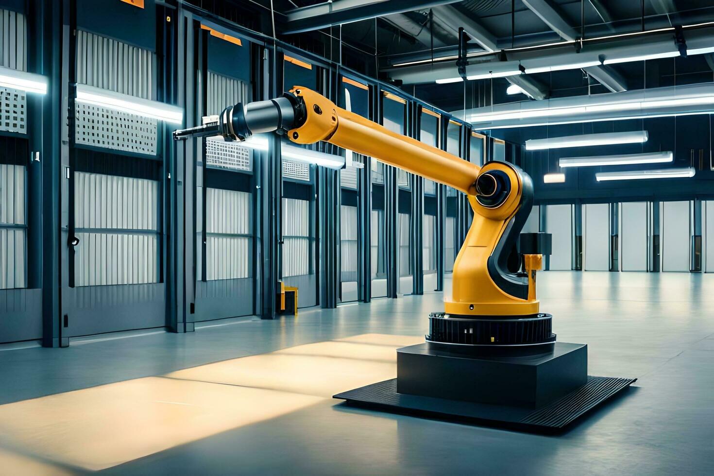 a robotic arm in a warehouse with a large door. AI-Generated photo