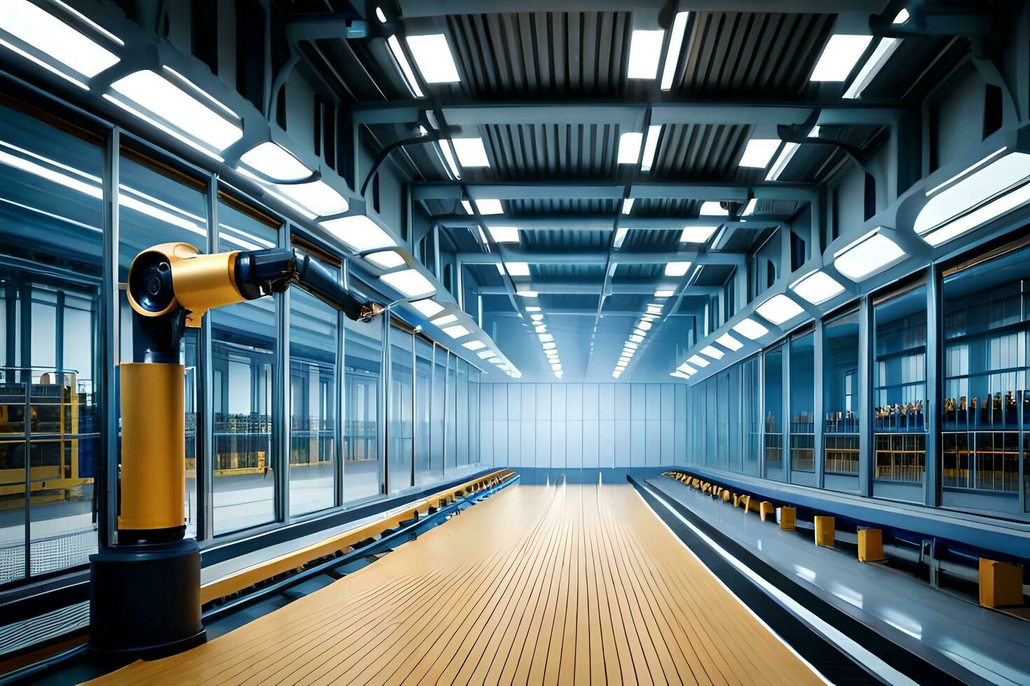 a robot is standing in a large warehouse. AI-Generated photo