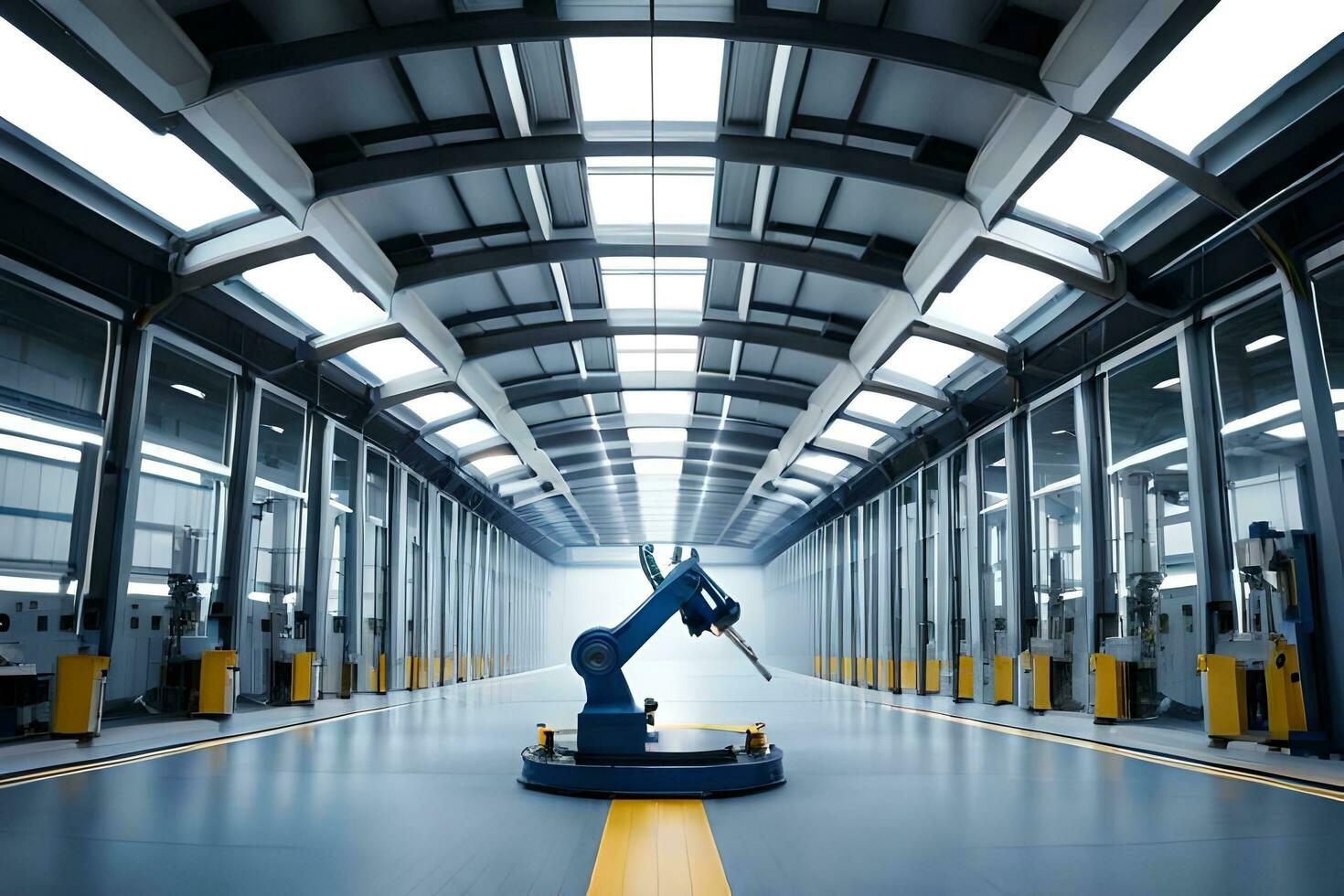 an industrial warehouse with a robot on the floor. AI-Generated photo