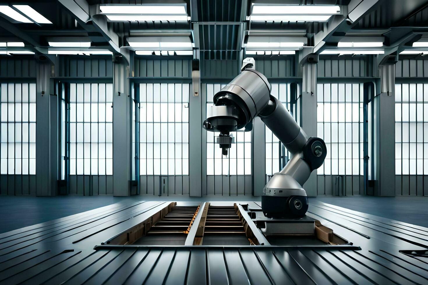 a robotic arm is sitting in a large warehouse. AI-Generated photo