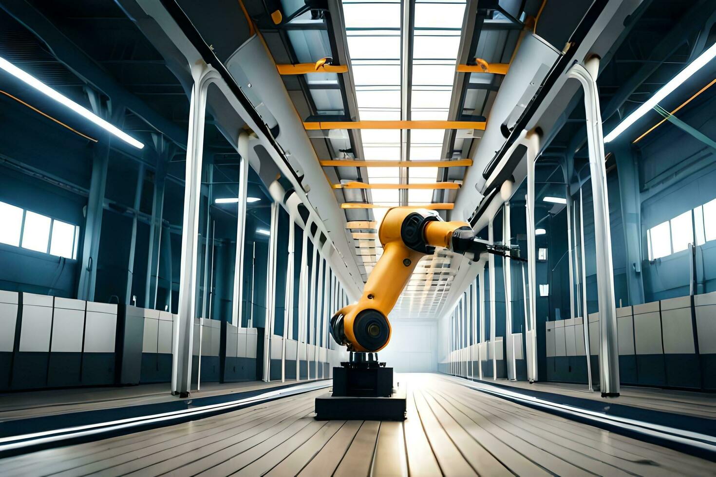 a robot is standing in a large warehouse. AI-Generated photo