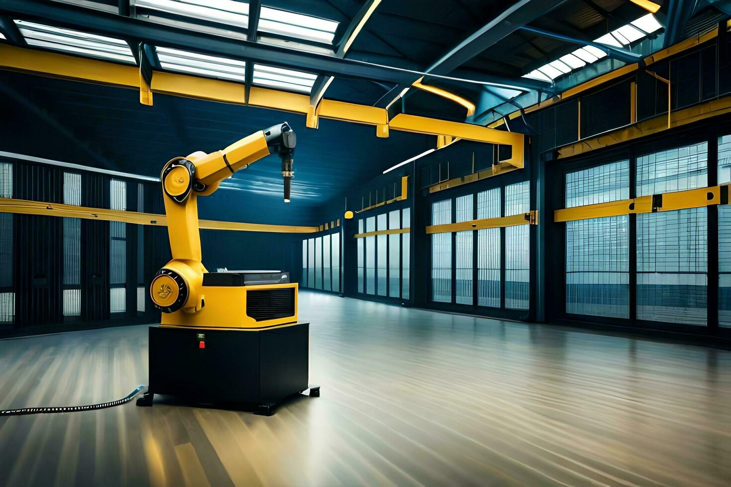 a yellow industrial robot in a large warehouse. AI-Generated photo