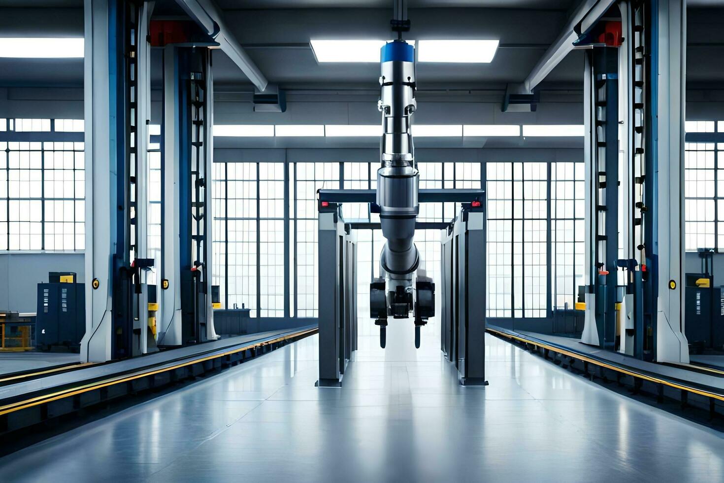 a long metal conveyor belt in a factory. AI-Generated photo