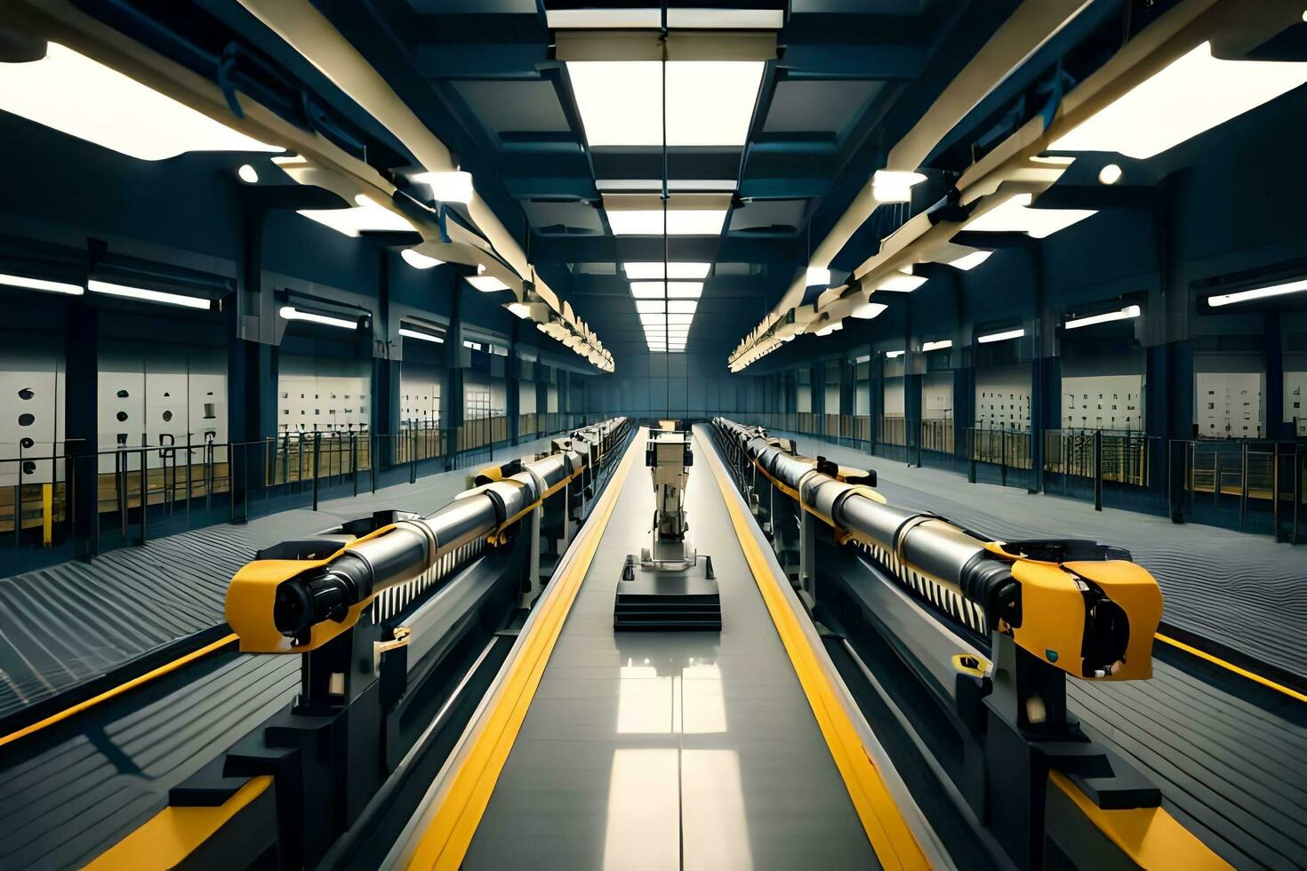 a long hallway with yellow and black pipes. AI-Generated photo