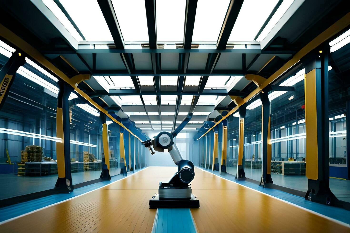 a robot is standing in a large warehouse. AI-Generated photo