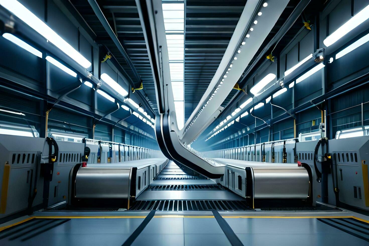 a long hallway with a conveyor belt and a large machine. AI-Generated photo