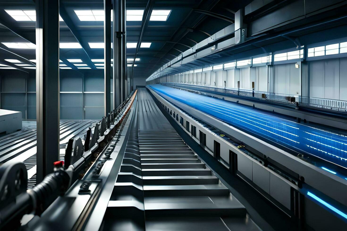 a long conveyor belt in a factory with blue lights. AI-Generated photo