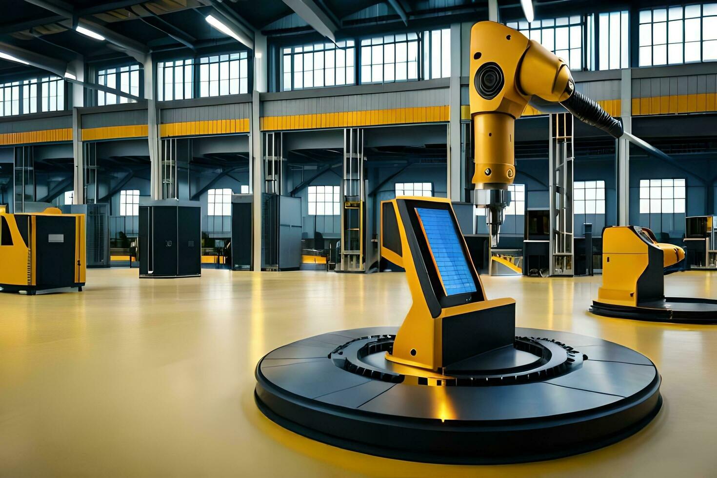robotic arm in a factory with yellow and black machines. AI-Generated photo